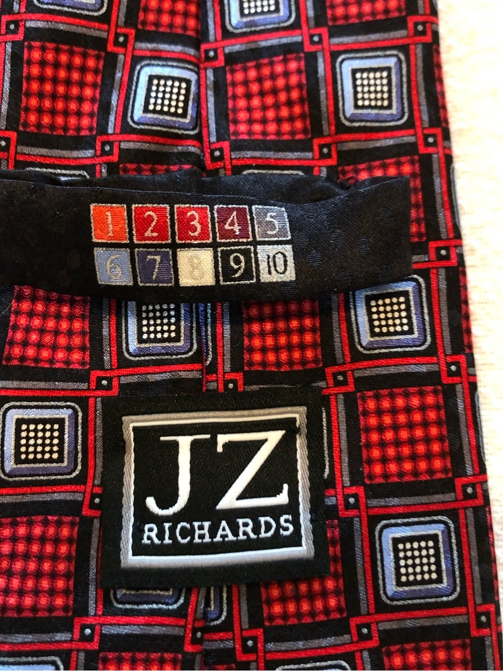 JZ Richards Red Geometric Silk Tie with Blue Accents